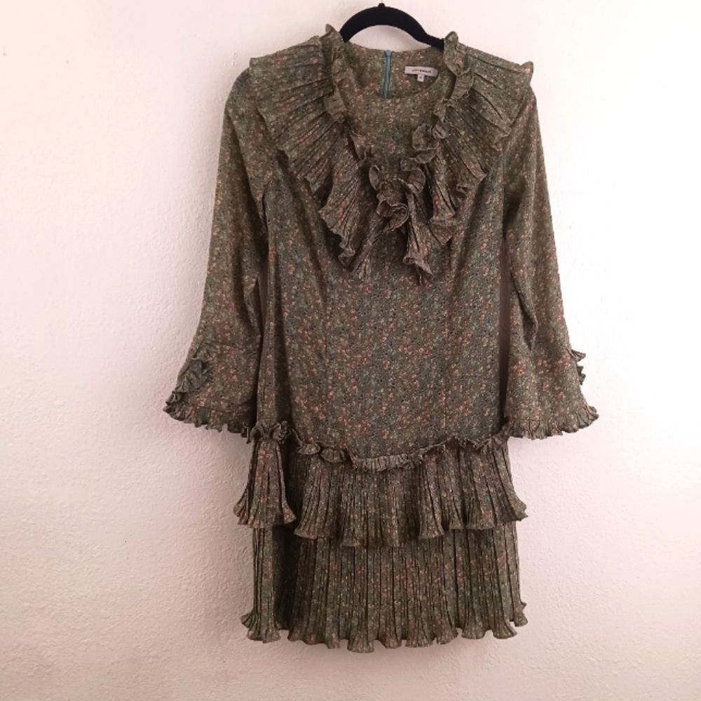 September Floral Frill Yoke High Neck Tiered green Mini Dress size S